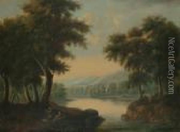 Figures Resting In A Wooded River Landscape. Oil Painting - Alexander Nasmyth