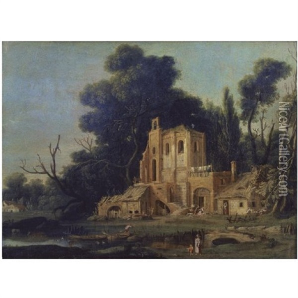 A Capriccio River Landscape With A Man Chasing A Woman In Front Of A Ruined Building Oil Painting - Filippo Napoletano