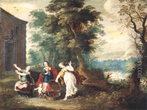 Aglauros, Pandrosos Et Herse Avec Erichtonius Oil Painting - Jasper van der Laanen