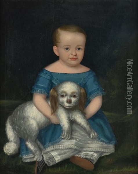 Boy In A Blue Dress With His Dog Oil Painting - Joseph Whiting Stock