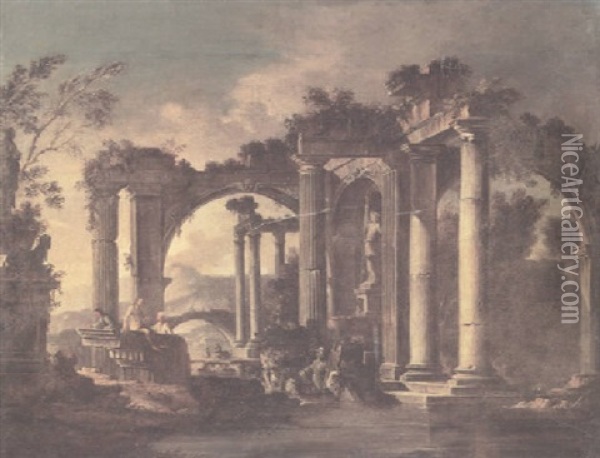 A Capriccio Landscape With Classical Ruins And Figures Crossing A River In The Foreground Oil Painting - Giovanni Ghisolfi