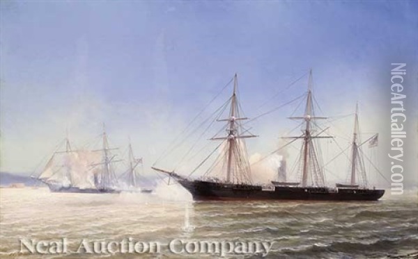 The Confederate Raider Alabama In Action With The Uss Kearsarge, June 19, 1864 Oil Painting - Jean Baptiste Henri Durand-Brager