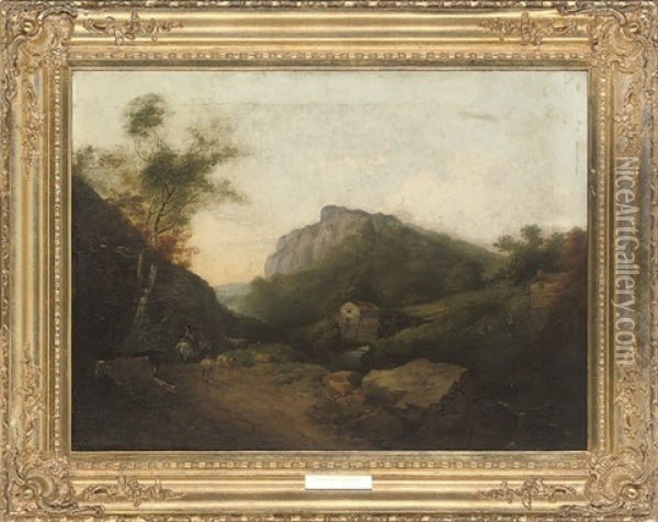 Figures On Horseback In An Extensive Landscape, With Cattle And Sheep Beside A River Oil Painting - John Henry Campbell