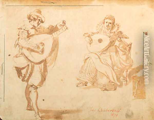 A figure tuning his lute, a seated female lute player behind Oil Painting - Dutch School