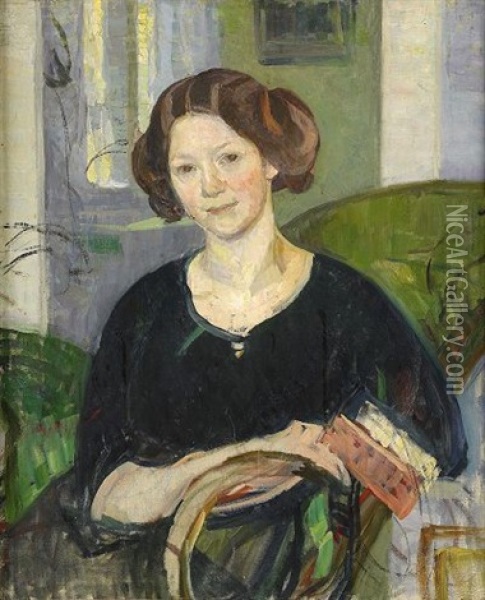 Portratt Av Forfattarinnan Ingrid Prytz Sittande I Interior Oil Painting - Richard (Sven R.) Bergh