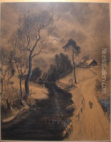 Landscape River W/ Houses And A Road Oil Painting - Knut Hansen