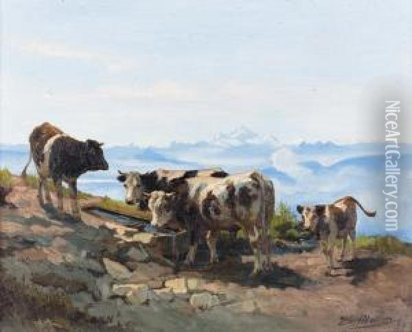 Kuhe Bei Der Tranke. Oil Painting - Edouard Louis Aug. Metton