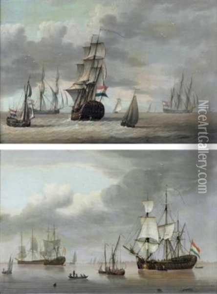 A Dutch Frigate, A Small Tjalk, A Single Master Ship To The Left In A Breeze (+ A Two Decked Man Of War And Small Trading Ships In A Calm, A Coast Beyond; Pair) Oil Painting - David Kleyne