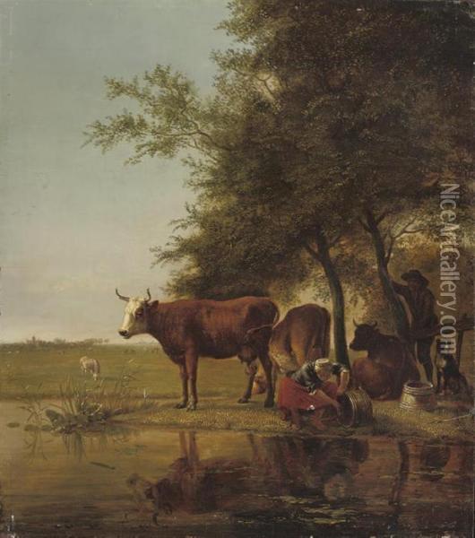 A Peasant Woman Cleaning Buckets At A Stream With Cows And Aherdsman Nearby Oil Painting - Jacob Van Stry