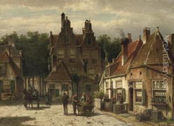 Villagers On A Sunny Square In Summer Oil Painting - Willem Koekkoek