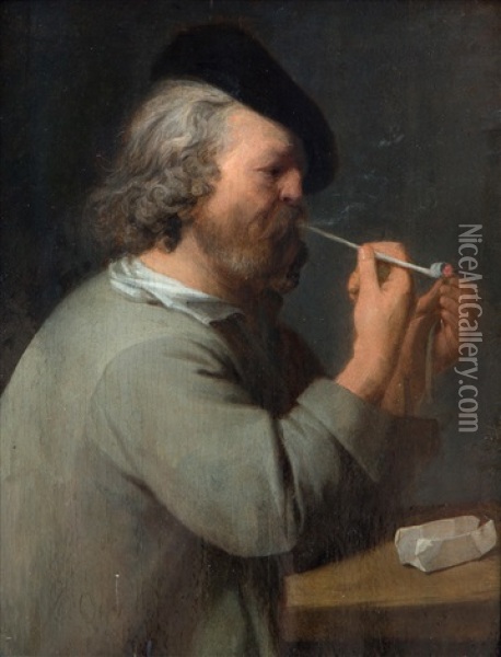 An Old Man Lighting His Pipe Oil Painting - David Ryckaert III