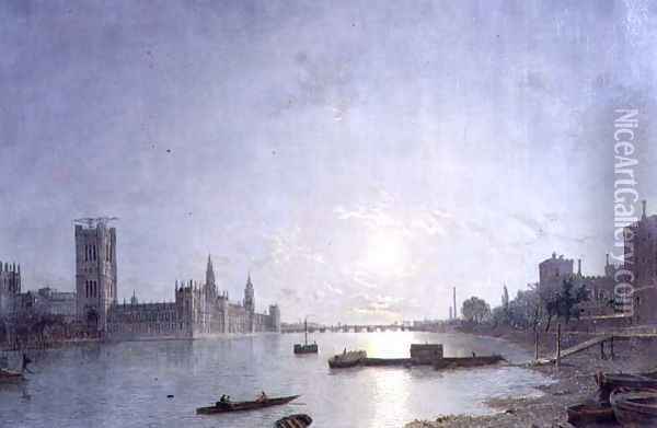 Westminster in Moonlight, c.1850 Oil Painting - Henry Pether