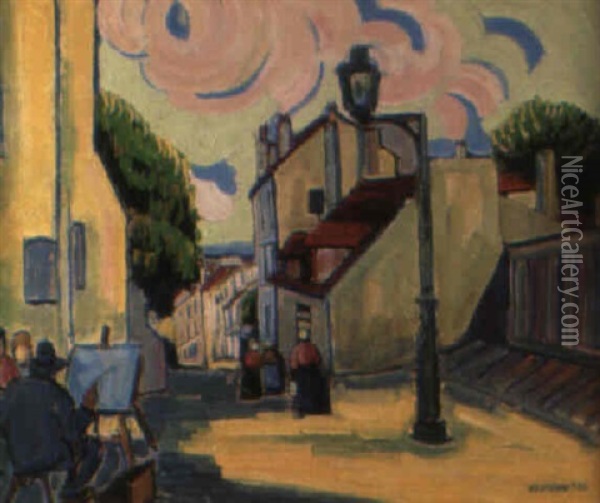 Le Peintre A Son Chevalet Sur La Butte Montmartre Oil Painting - Pierre De Belay