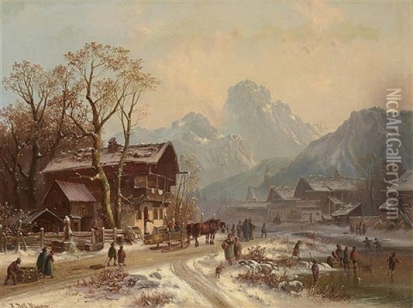 A Village In A Mountainous Winter Landscape Oil Painting - Anton Doll