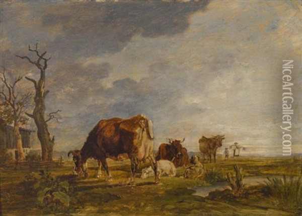 Rinder Auf Der Weide In Flacher Landschaft Oil Painting - Max Joseph Wagenbauer