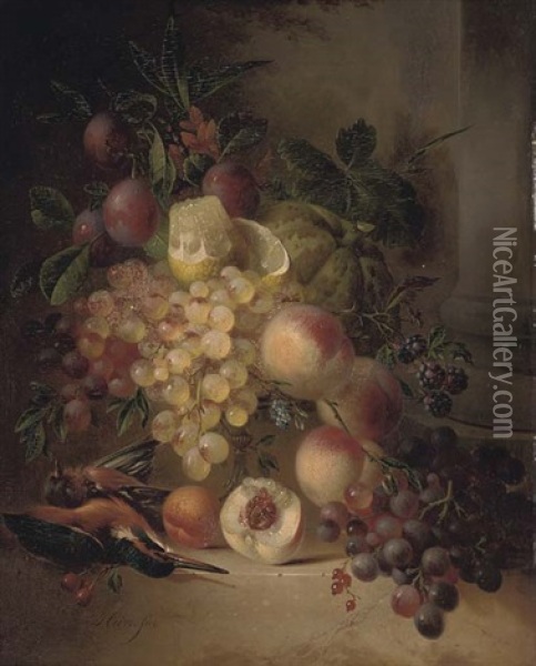 Grapes, A Lemon, Plums, Blackcurrants And Peaches In A Bowl With A Kingfisher And Chaffinch By A Pillar Oil Painting - Hendrik Jan Hein