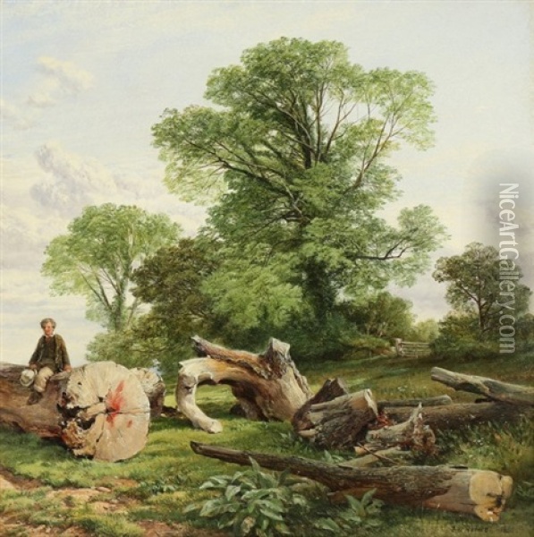 Young Boy Sitting On A Fallen Tree Oil Painting - Frederick William Hulme