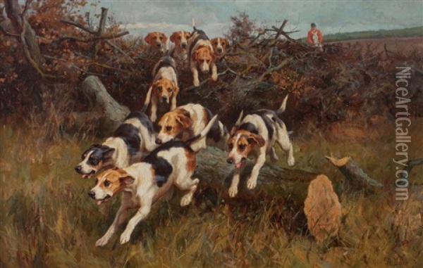 A Set Of Three Hunting Scenes, With Hounds Oil Painting - Alfred Duke