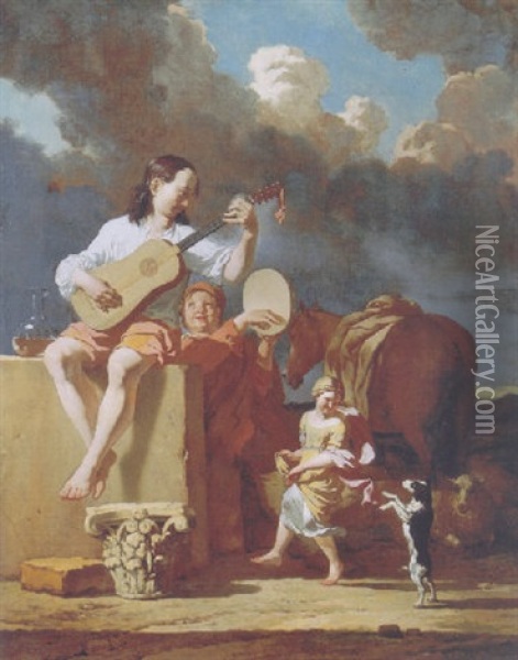 A Gypsy Playing The Guitar And A Boy Playing The Tambourine, While A Girl Dances With A Dog, In An Italianate Landscape Oil Painting - Karel Dujardin