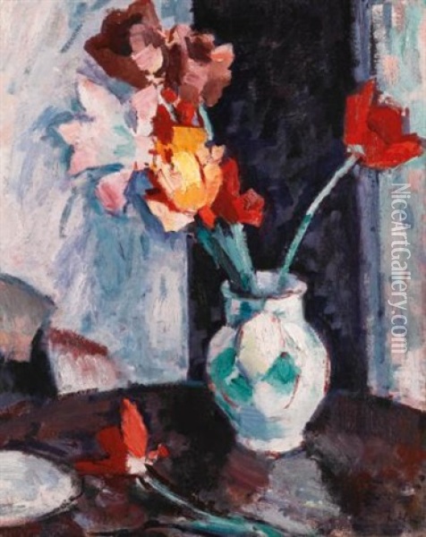 Tulips In A White Vase Oil Painting - Samuel John Peploe