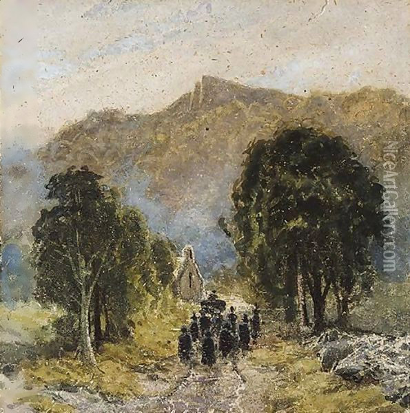 A Funeral At Bettwys-Y-Coed Church, North Wales Oil Painting - David Cox