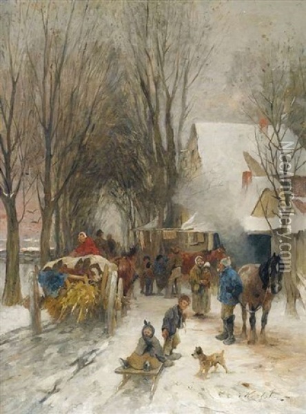 Winterliche Dorfstrase Mit Regem Treiben Vor Einer Schmiede Oil Painting - Thomas Herbst