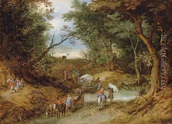 A wooded landscape with travellers on a path Oil Painting - Jan The Elder Brueghel