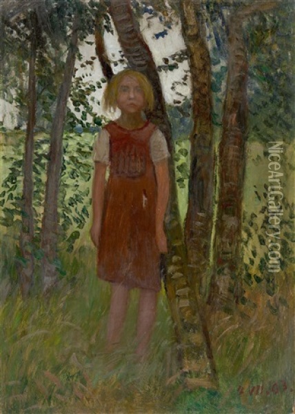 Madchen Am Birkenstamm Oil Painting - Otto Modersohn