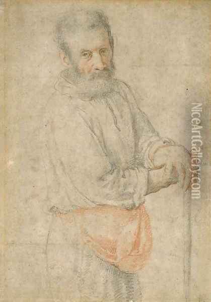 Portrait of a bearded man with both arms resting on a stick Oil Painting - Federico Zuccaro