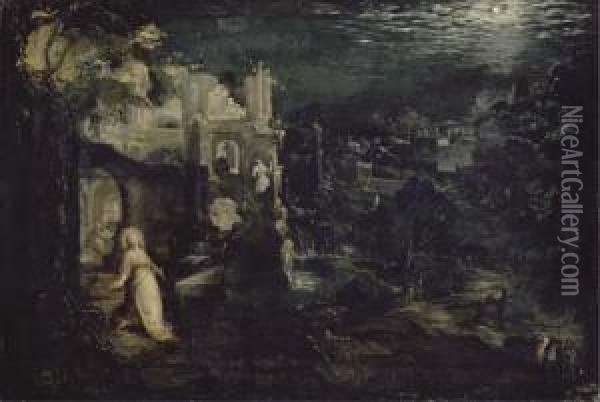 A Moonlit Landscape With Classical Ruins And The Penitentmagdalen Oil Painting - Gillis van Valckenborch