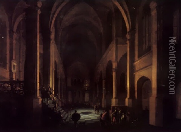 A Capriccio Of A Classical Church Interior At Night Oil Painting - Anthonie Delorme