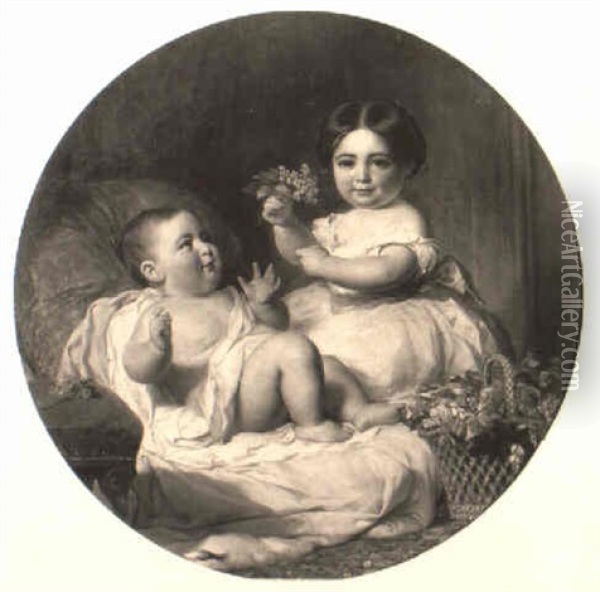 Portrait Of A Baby And Young Child Seated Beside A Basket Of Lilac Oil Painting - Margaret Sarah Carpenter
