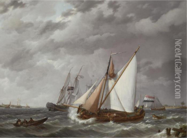 Sailing Boats On A Choppy Sea Oil Painting - Johannes Hermanus Koekkoek