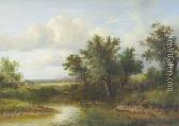 Children Fishing Beside A Pond 
With Ducks Nearby And An Extensive Landscape Beyond Signed, Also 
Inscribed With The Artist's Name On The Frame Oil Painting - Joseph Thors