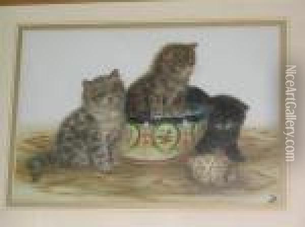 Three Kittens And A Porcelain Bowl Oil Painting - Bessie, Betsie Bamber