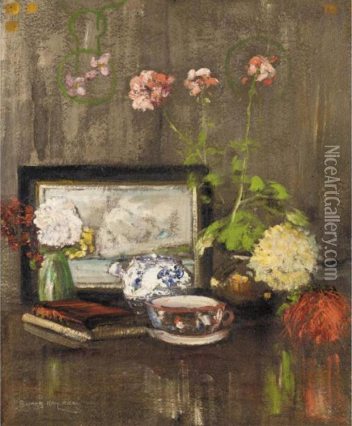 Still Life With Geraniums And A Tea Set Oil Painting - James Kay