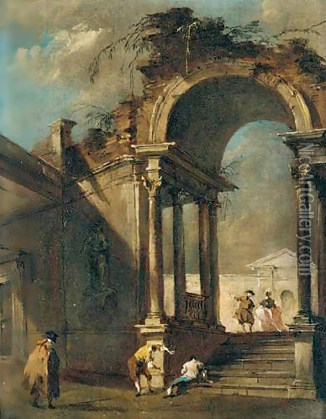 An Architectural Capriccio With Figures Before A Ruined Arch Oil Painting - Francesco Guardi
