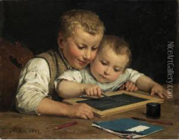 Zwei Kinder Mit Schiefertafel Two Children With A Slate Board Oil Painting - Albert Anker