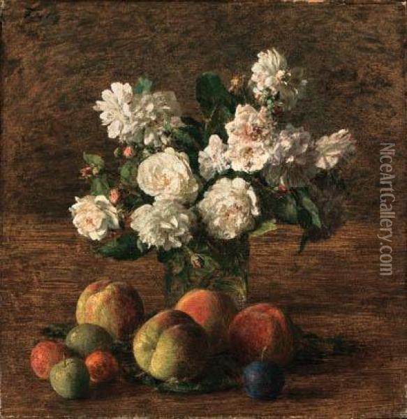 Nature Morte: Roses Et Fruits Oil Painting - Ignace Henri Jean Fantin-Latour