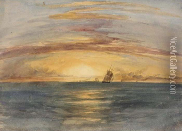 Shipping At Sunset On The Indian Ocean Oil Painting - Andrew Nicholl
