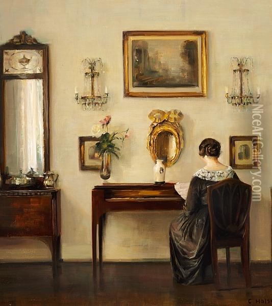 Interior With The Artist's Wife At The Piano Oil Painting - Carl Vilhelm Holsoe