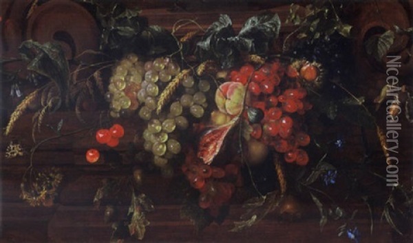 A Still Life With White And Blue Grapes, Peaches, Cherries, A Fig, An Ear Of Wheat, Oak Leaf, Acorns And Others, Together With Borage And Flowers Oil Painting - Jan Davidsz De Heem