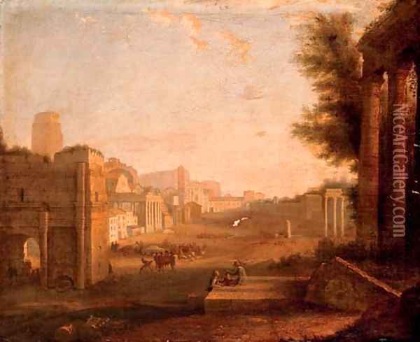 The Roman Forum with figures amongst ruins Oil Painting - Giacomo Van Lint