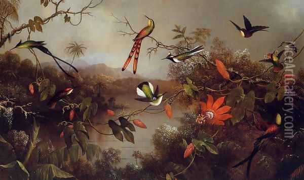 Tropical Landscape With Ten Hummingbirds Oil Painting - Martin Johnson Heade
