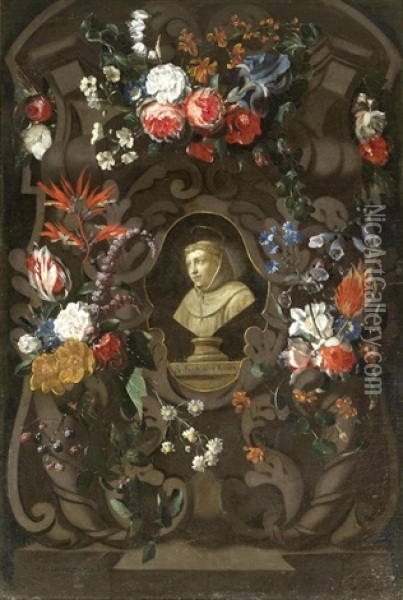 A Garland Of Flowers Surrounding The Bust Of Franciscus Rodius, Martyr Of Gorkum Oil Painting - Wouter Gysaerts