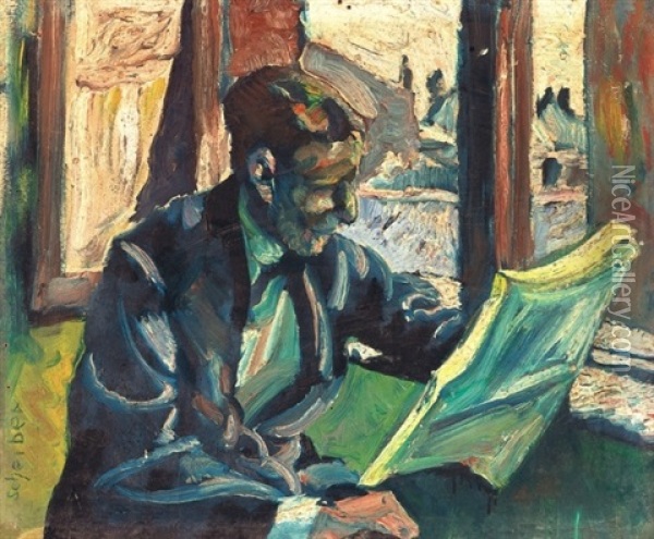 Ujsagolvaso Ferfi - Man Reading Newspaper Oil Painting - Hugo Scheiber