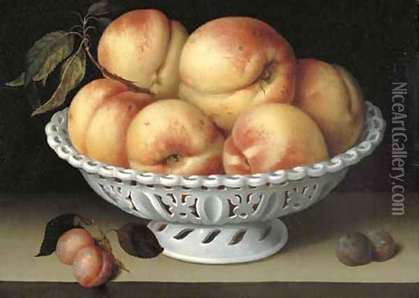 Peaches in a pierced white faience basket Oil Painting - Galizia Fede