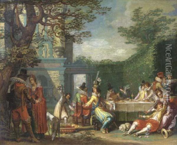 A Merry Company Feasting In An Elegant Garden Oil Painting - Willem Buytewech