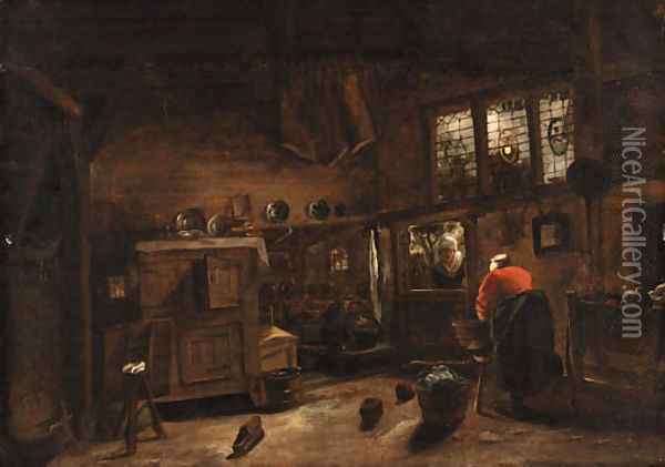A cottage interior with a washerwoman Oil Painting - Cornelius Decker