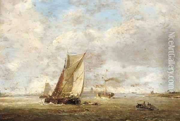 Barges and a paddlesteamer at the harbour mouth Oil Painting - William Anderson